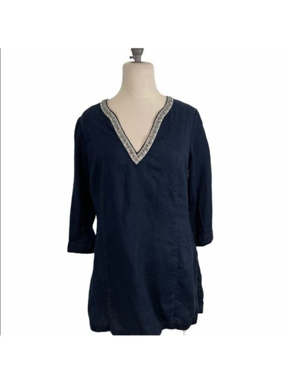 Malvin I Love Linen Blue Tunic Rhinestones M /L Medium Large